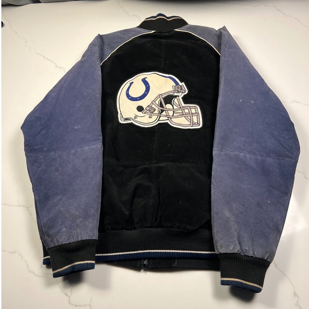 NFL Indianapolis Colts Varsity Jacket Mens Blue Black Suede Leather Bomber